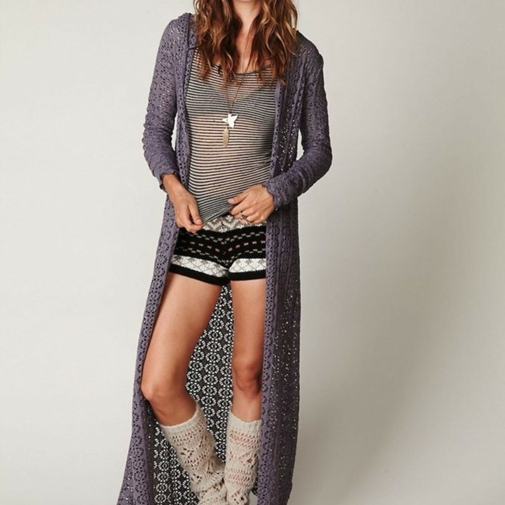 NWOT FP Beach Free People Purple Crochet Long Cardigan Duster